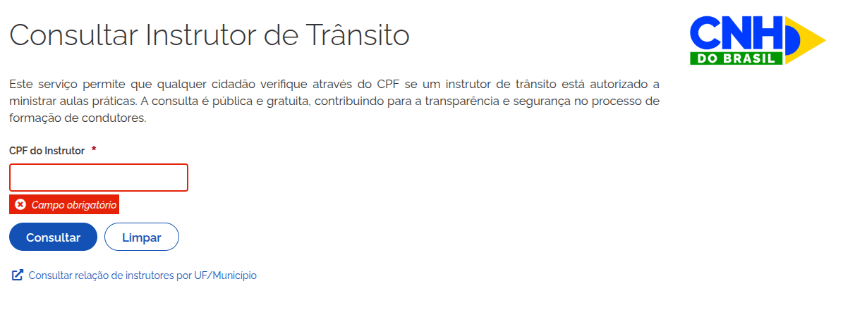 Tela de consulta de instrutor no Portal Senatran - Interface oficial para verificar credenciamento